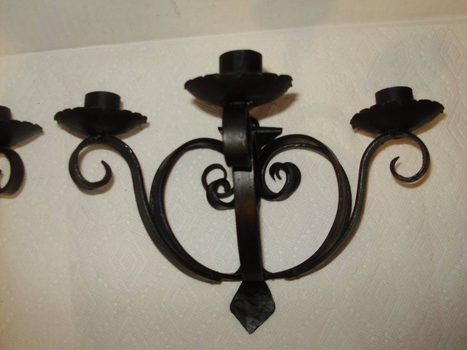 ANTIQUE 1920'S BLACK WROUGHT IRON SPANISH 3 SCONE  WALL-CANDLE HOLDER SET
