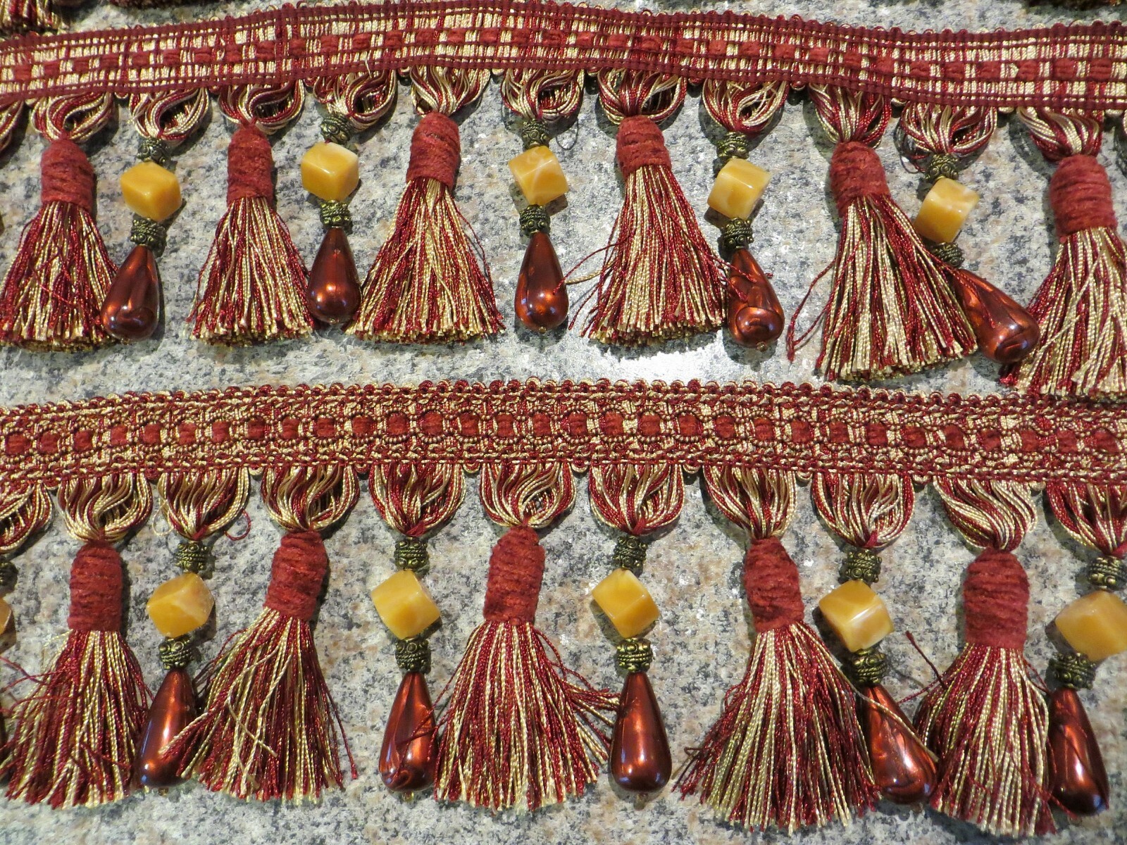 VINTAGE TASSELED & BEADED LAMP SHADE FRINGE WINE/ECRU 9' X 4