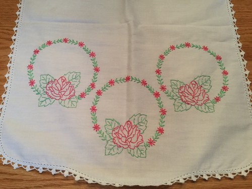 Vintage White Dresser Scarf Table Runner Embroidered Pink Green Roses  Circles
