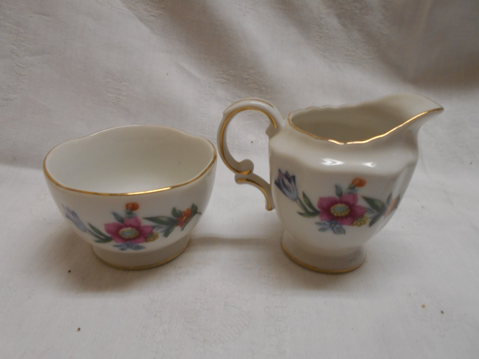 vintage porcelain miniature cream & sugar set pastel flowers  floral 2