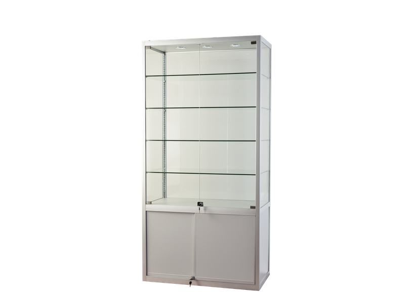 Flat Pack Titanium Alloy Glass Display Cabinet Led Storage Bottom