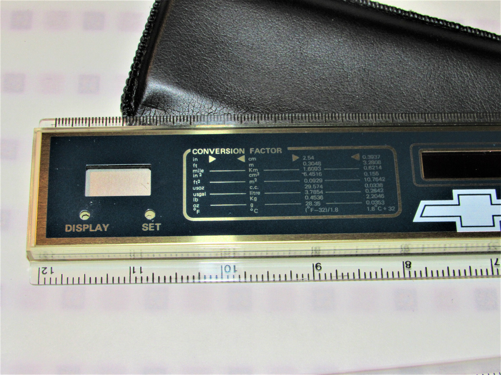 VTG 80s UNUSED CHEVROLET CALCULATOR/RULER/CLOCK W/CASE& 12" CHEVY CORVETTE RULER