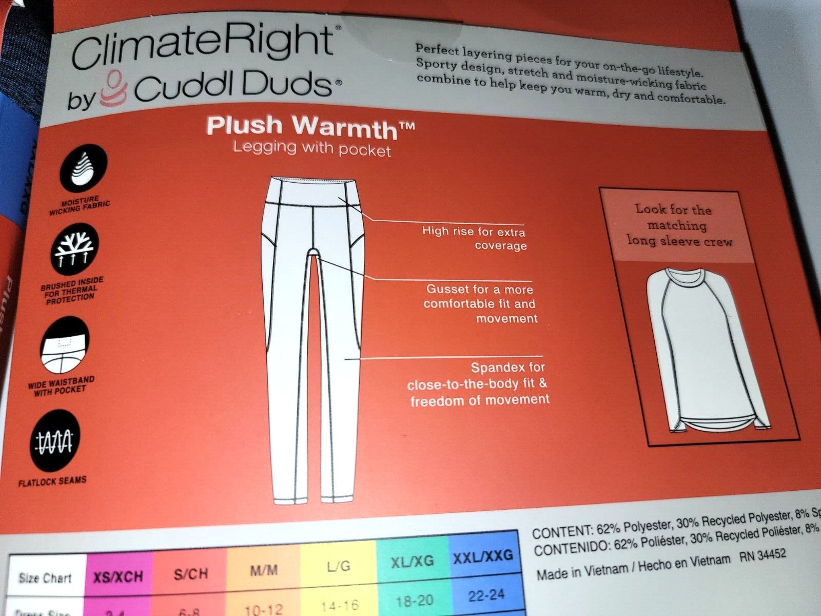 Climate Right Cuddl Duds Base Layer Plush Warmth Crew Leghings S S M L XXL Set