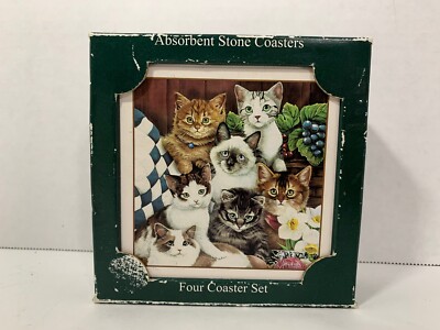 Stone Art absorbent four coasters set cats kittens Highland Graphics unused