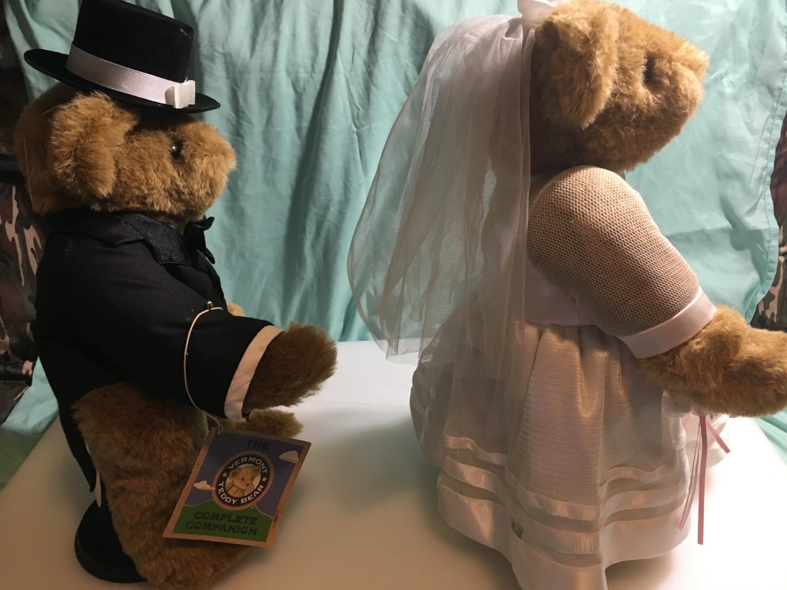 Vermont Teddy Bears Bride and Groom With Tags and Stands