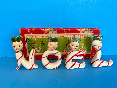 VTG Noel PIXIE Christmas Candle Holders Letters Figurines Japan Candy Cane Box