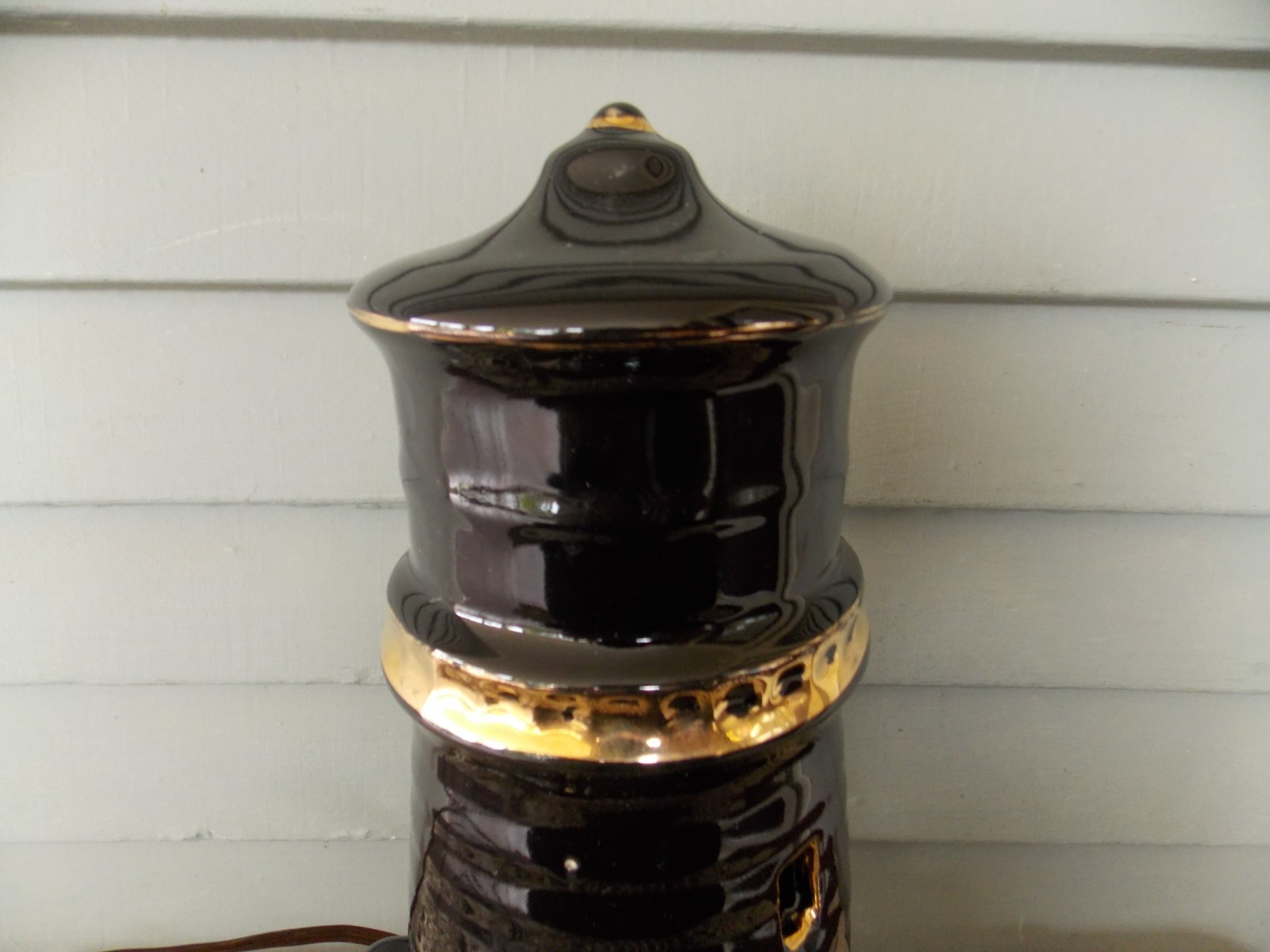 Vintage TV Table Lamp Black with Gold Highlights Ceramic Lighthouse Retro