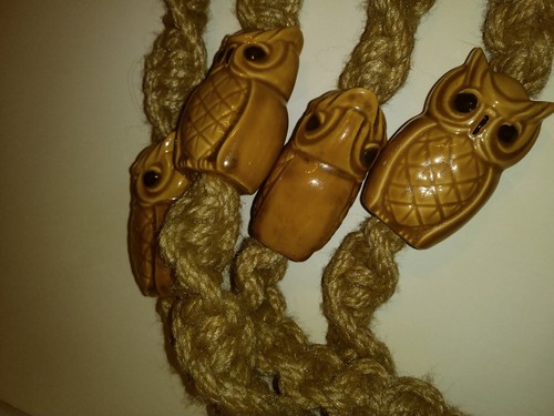 Vintage MACRAME Plant Hanger Boho Fiber Art MCM Ceramic Orange Owl Beads 60s 70s