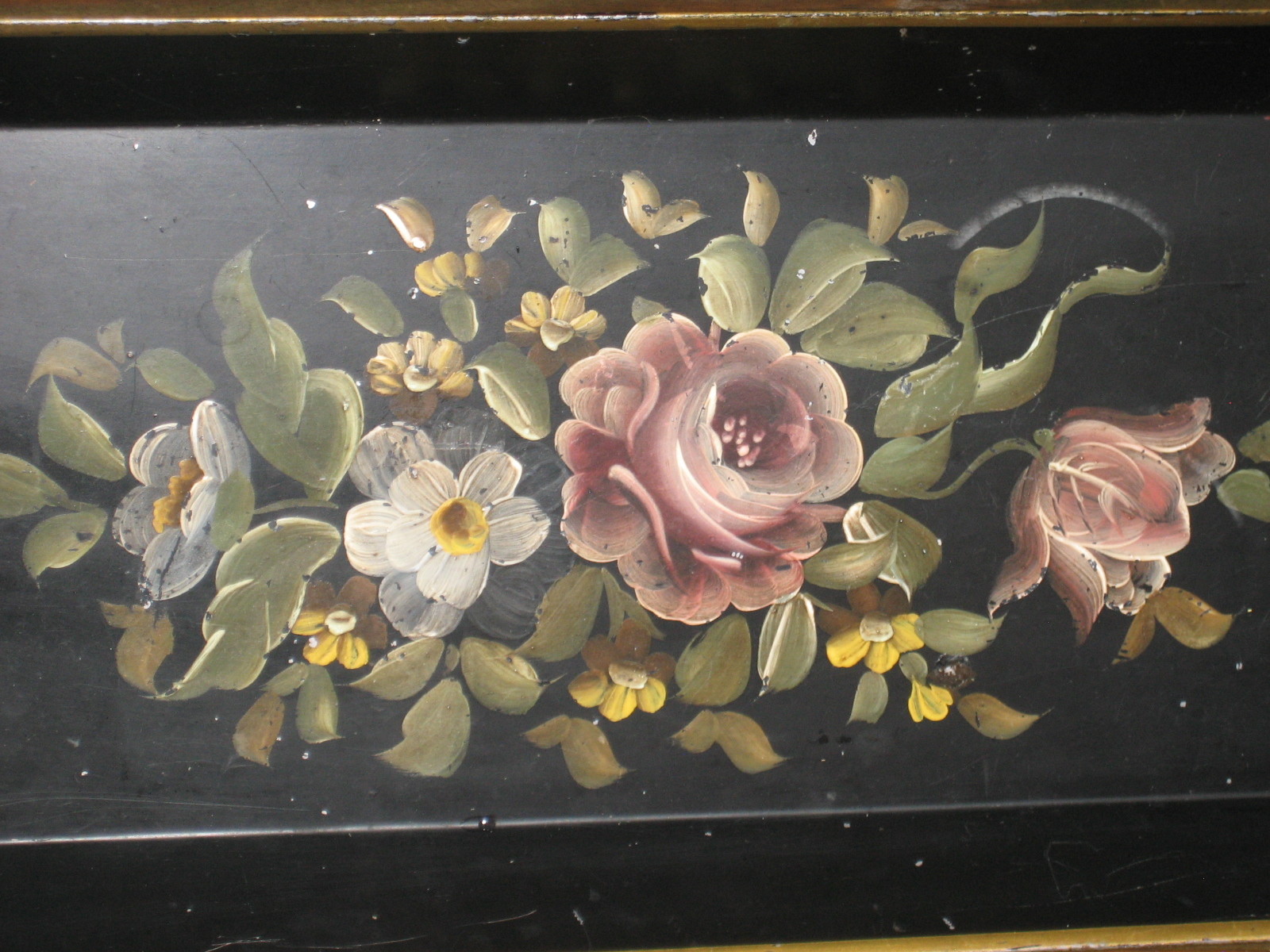 VTG Handpainted Toleware Black Gold Rose Floral Metal Tin Tray 9 x 21