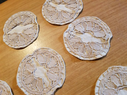 Set of 9 Ivory Battenberg Lace Drink Coasters Used 1980s