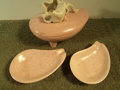 Vtg AC Davey Ceramics Cigarette Dish & 2 Ashtrays Floral Design Pink & White 