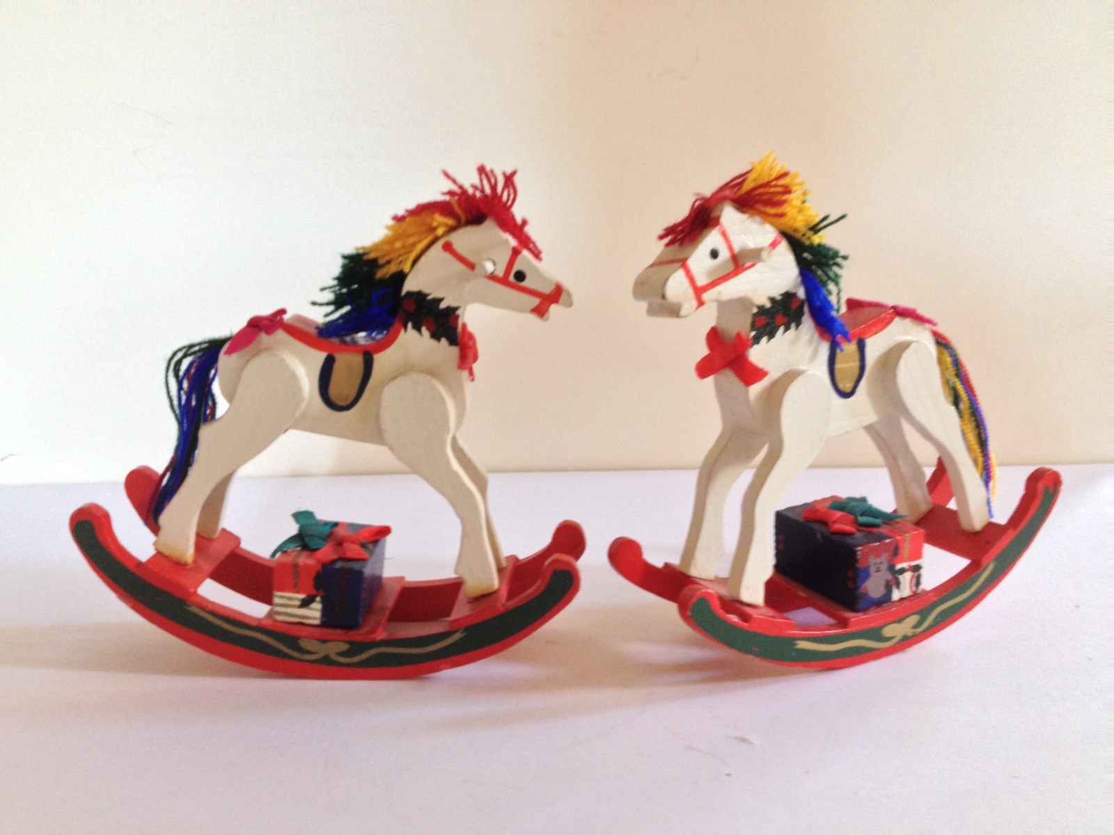 BEAUTIFUL WOOD HAND PAINTED PAIR OF CHRISTMAS ROCKING HORSES 1970'S