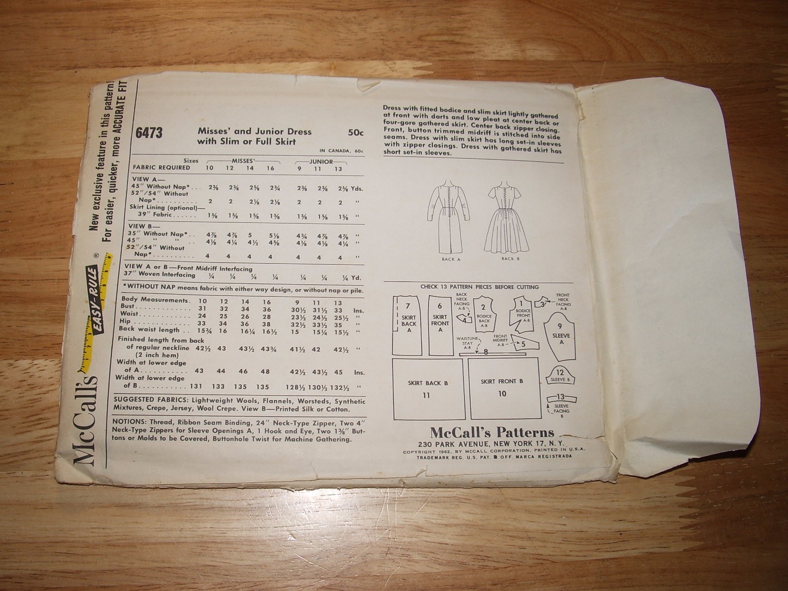 VTG  McCalls FF Pattern 6473 Misses Junior Dress Slim or Full Skirt Sz 16 Bust36