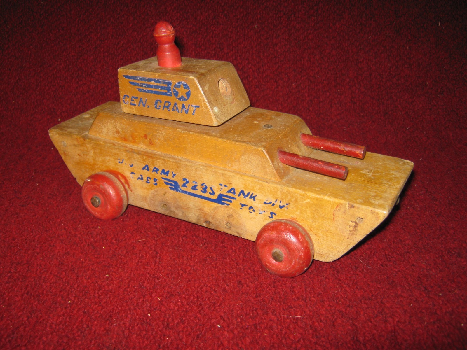 Cass Toys 1940s Wooden Pull Toy Gen. Grant U.S. Army 223S Tank Div. Made in USA