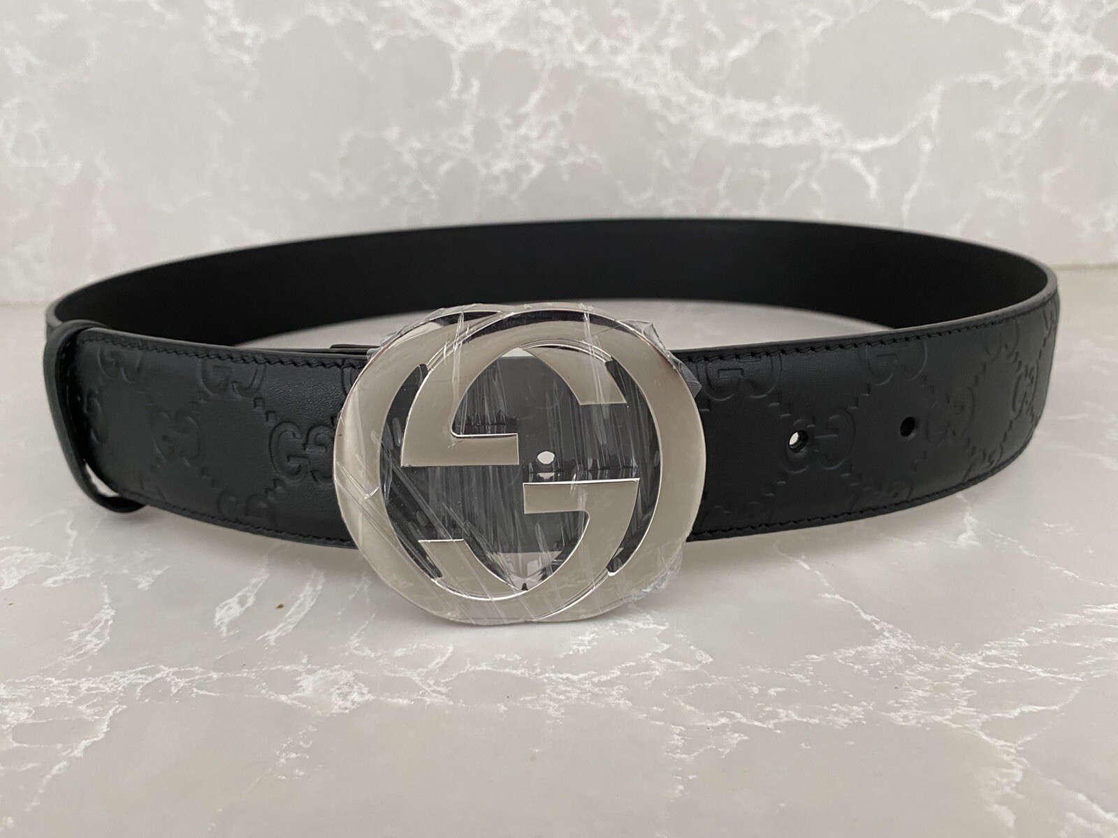Pre-owned Gucci Men's  Belt Size 32/90 Black Gg Embossed Leather Silver Gg Lasttwo $550