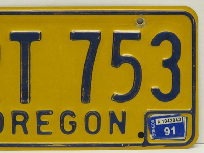 Single Embossed Oregon License Plate ART 753 1980's Base 1991 Sticker