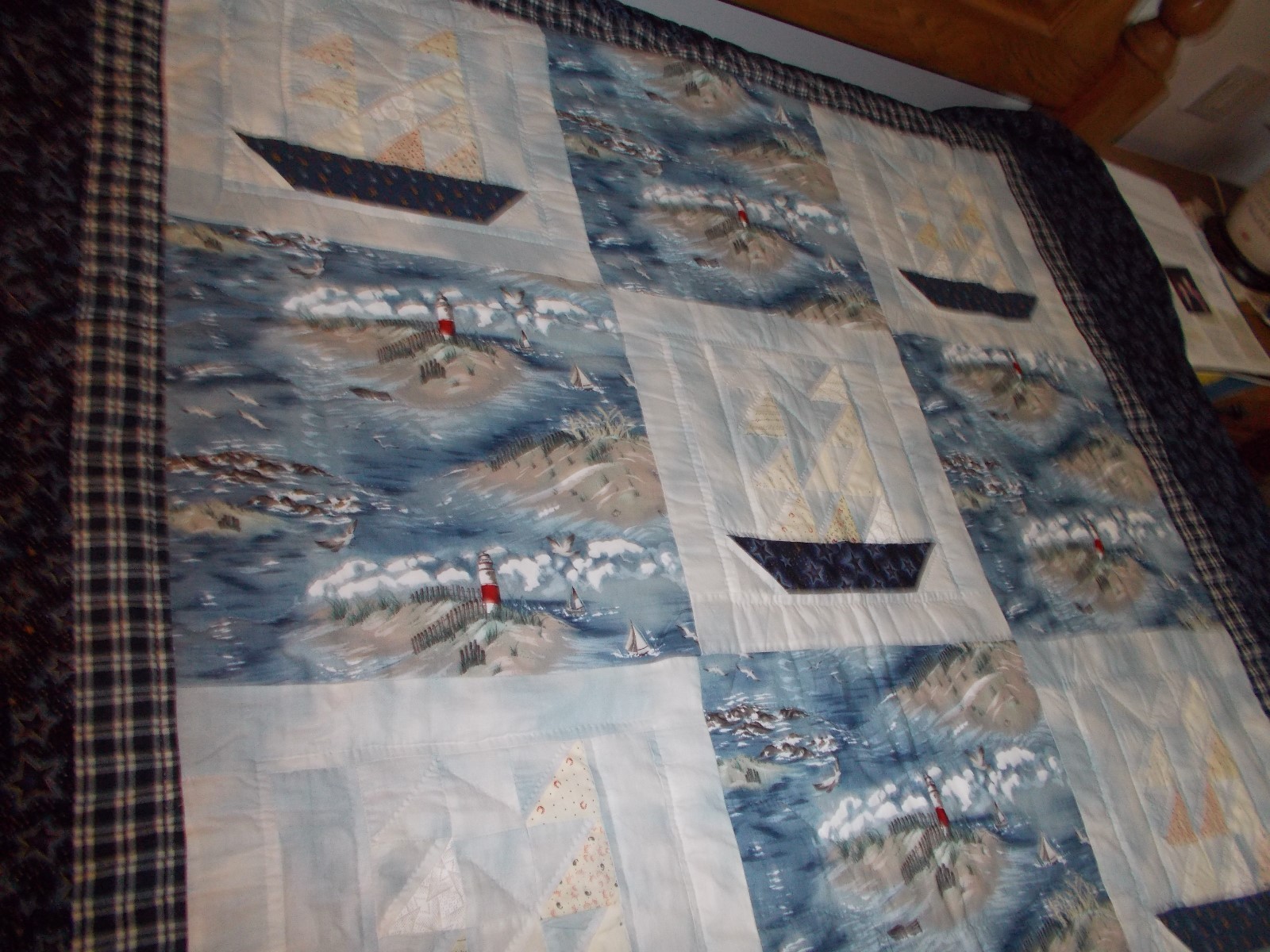 Large Handmade Lancaster Quilt with Seascape/Boat Pictures, Very Nautical
