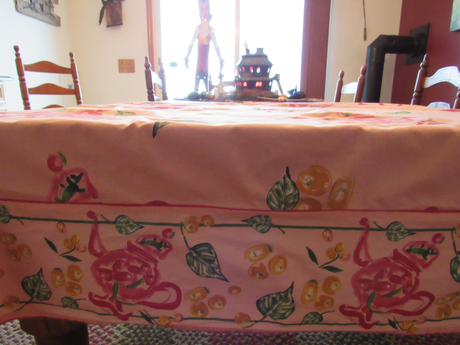 APRIL CORNELL 100% COTTON TABLECLOTH PEACH FUSHIA TEAPOTS INDIA 54X54