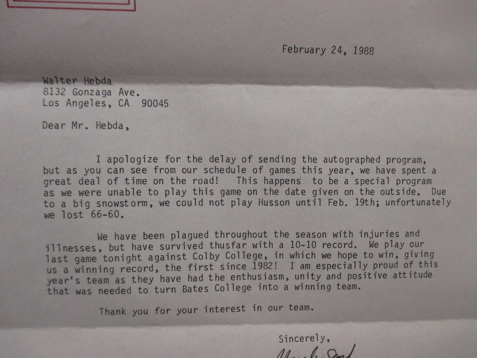 MARSHA GRAEF(Died-'15)Signed 1988 Personal Letter-Bates College Basketball Coach