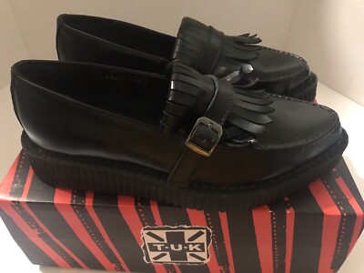 T.U.K  Black Kiltie Pointed Loafer Black Leather Oxfords Women Size 8
