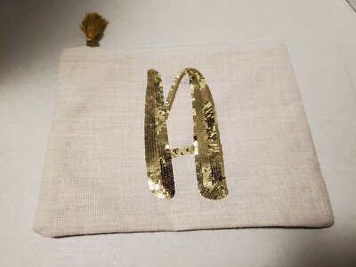 Mud Pie Gold Sequin Mini Jute Makeup Bag Inital ''A'' 9.5''×11.75''