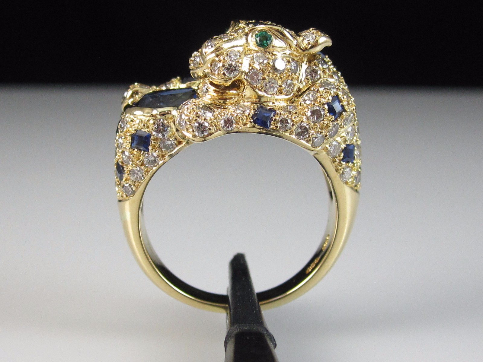 18K Panther Ring Sapphire Diamond Emerald Eyes Cat 4.18ctw Fine 11.5 gr Size 7.5