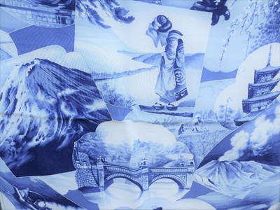 True Vintage Japanese Crepe Fabric Buddha Temple Mt Fuji 36