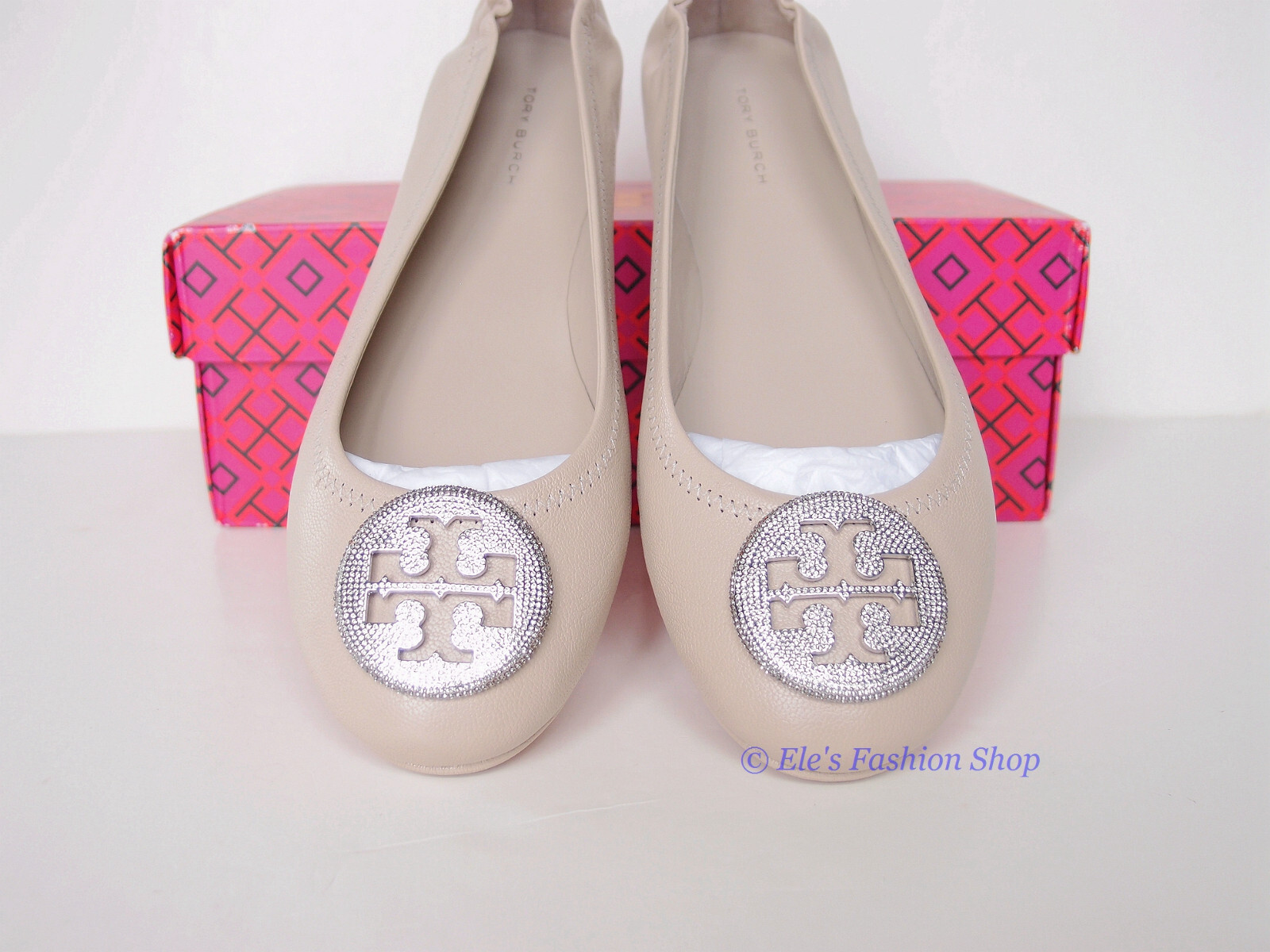Pre-owned Tory Burch Crystal Logo Pave Minnie Leather Travel Ballet Flat Gray Us 9.5