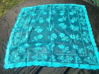 Blue Sheer Scarf Solid Blue Flowers Vintage Floral SC77