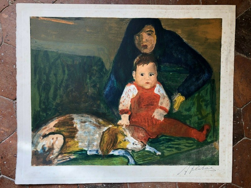 Litho Gravure Couleurs Portrait De Famille Enfant Chien éPagneul Signé 53x41 E.O