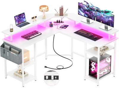 L-Shaped Gaming Desk Corner Table Computer Desk with RGB Light & Power Outlets