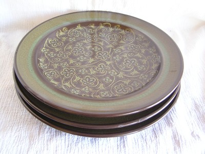 3 Vintage Franciscan Madeira USA Green Tan Floral Scroll Salad Plate Dish Retro