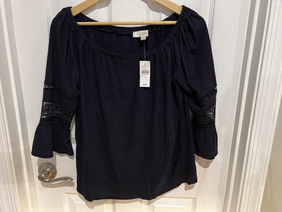 Anne Taylor LOFT blouse womens size Small Navy Blue Wide Neck