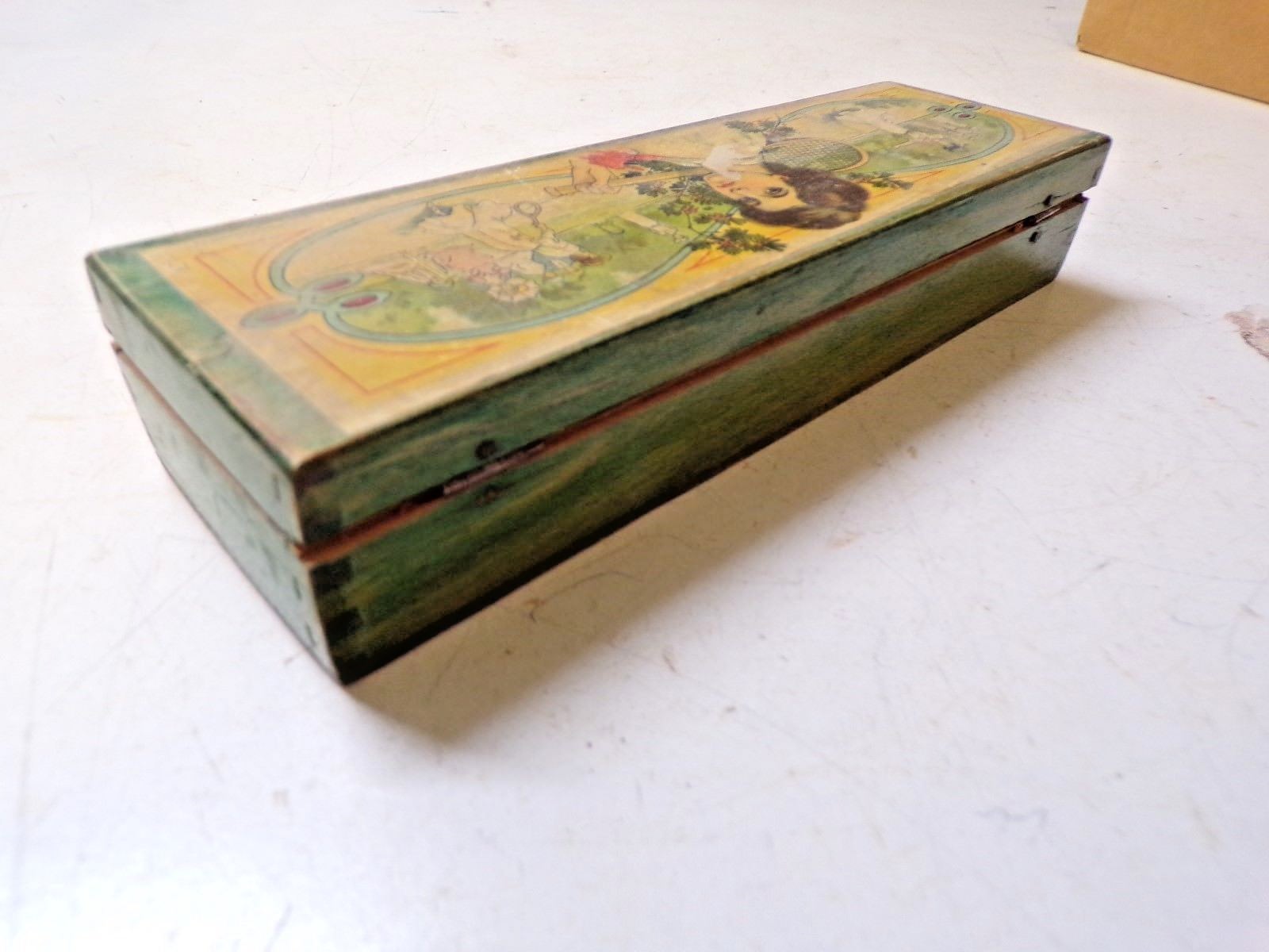 Vintage Wood  Pencil Box Victorian Ladies Playing Tennis Stecher Rochester NY