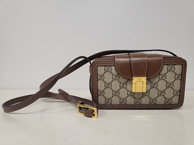 Gucci Mini Bag with Clasp Closure GG Supreme Canvas w/ Brown Leather Trim 614368