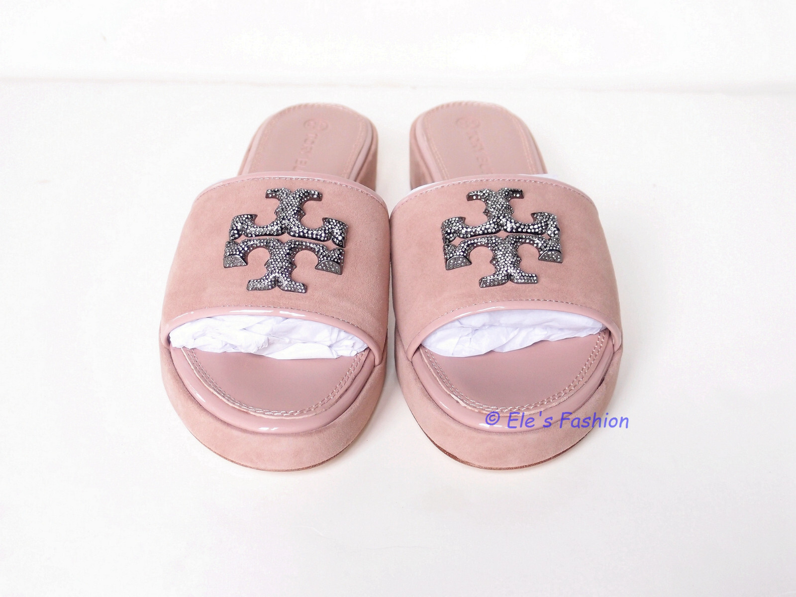Pre-owned Tory Burch Eleanor Crystal Embellished Leather Slide Sandal Pink 9 Authentc
