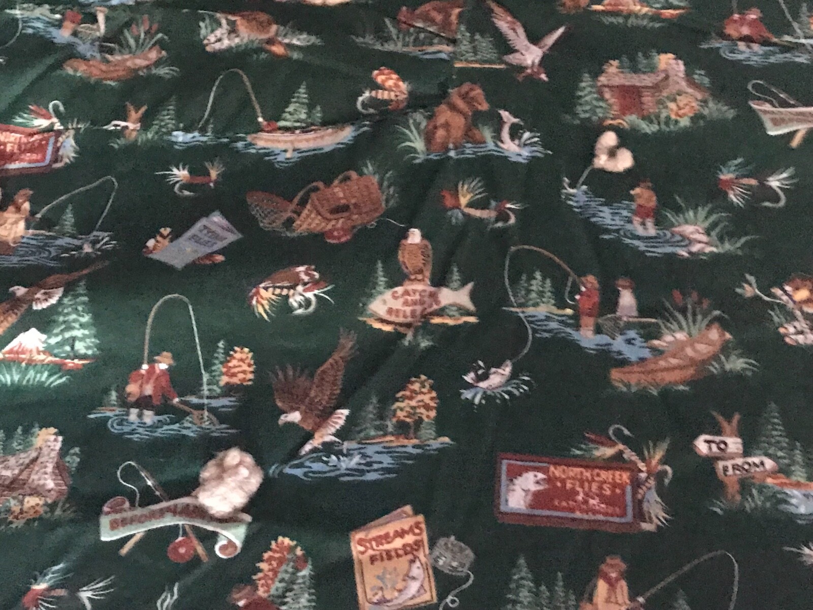 VTG Green Bear Eagle Fly Fishing QUILT Tied BLANKET 79X96 Queen Cottage Cabin
