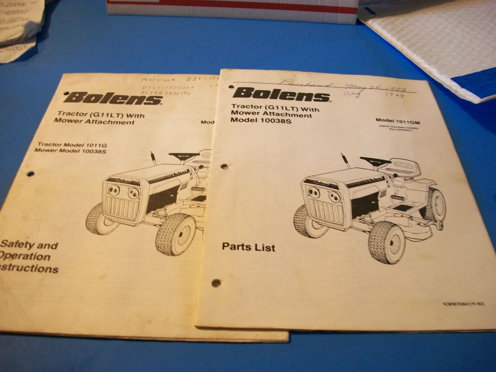 1982 Bolens Riding Lawnmower Tractor Manuals 1011G Models Instructions & Parts