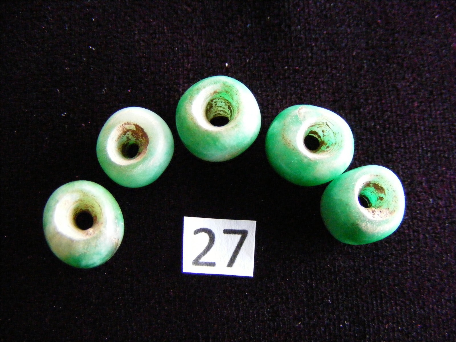 5 Pre Columbian Natural Green Jade Mayan Hand Carved Round Beads(B27)