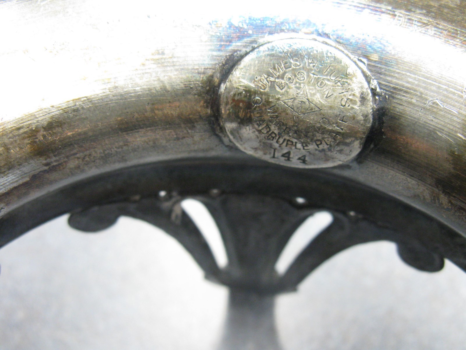 JAMES W. TUFT VICTORIAN QUADPLATE BRIDES BASKET ENAMELED RUFFLED GLASS BOWL