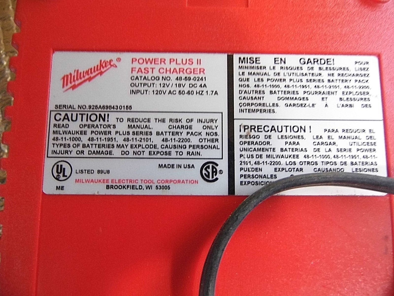 Milwaukee Power Plus 2 Fast Battery Charger only no 48-59-0241 12 / 18 Volt