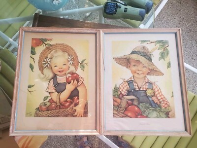2 X VINTAGE ROSY CHEEKS GIRL & FRECKLE FACE BOY H DUBLER CHARLOT BYJ PRINT 1945