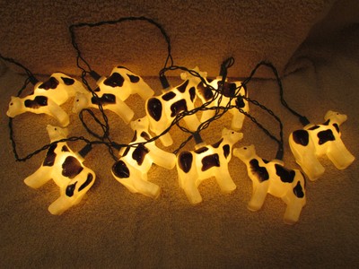 Vintage Plastic Christmas Tree Lights Black & White Cows String of 10/2 Sets