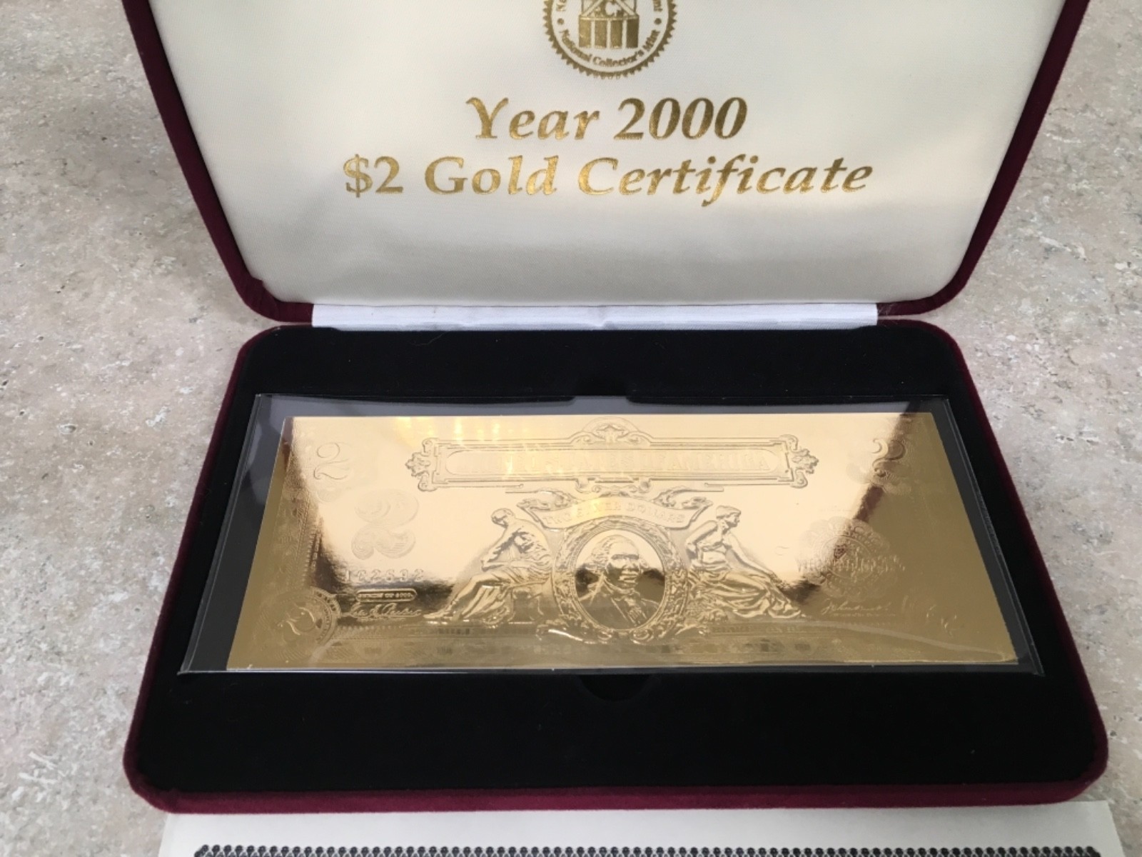 National Collector's Mint Year 2000 $2 GOLD CERTIFICATE w/ presentation box