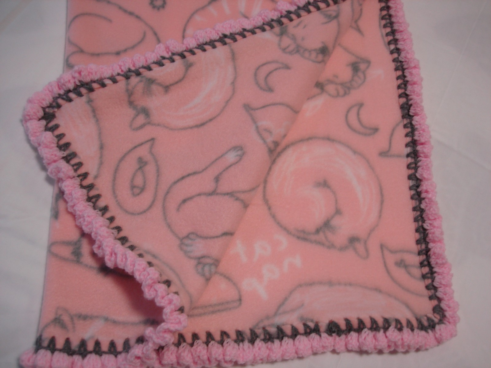 Clearance-Kitty Cat Blanket -Fleece with hand crocheted border- Free Shipping