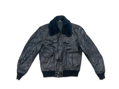 VTG 1970s BLACK SOFT LEATHER JACKET FAUX FUR COLLAR VGC S 36