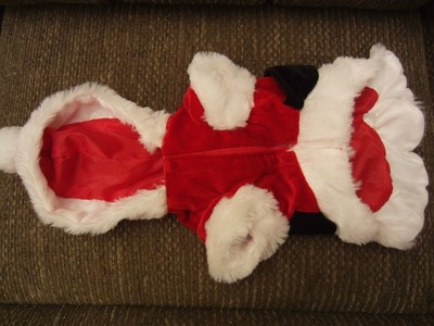 Cute Dog Christmas Santa Suit Red Velvet Vest Coat w Black Belt Hood Pet Small