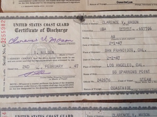 4 1947 U.S. Coast Guard Certificate of Discharge Merchant Seaman Steam Vessels