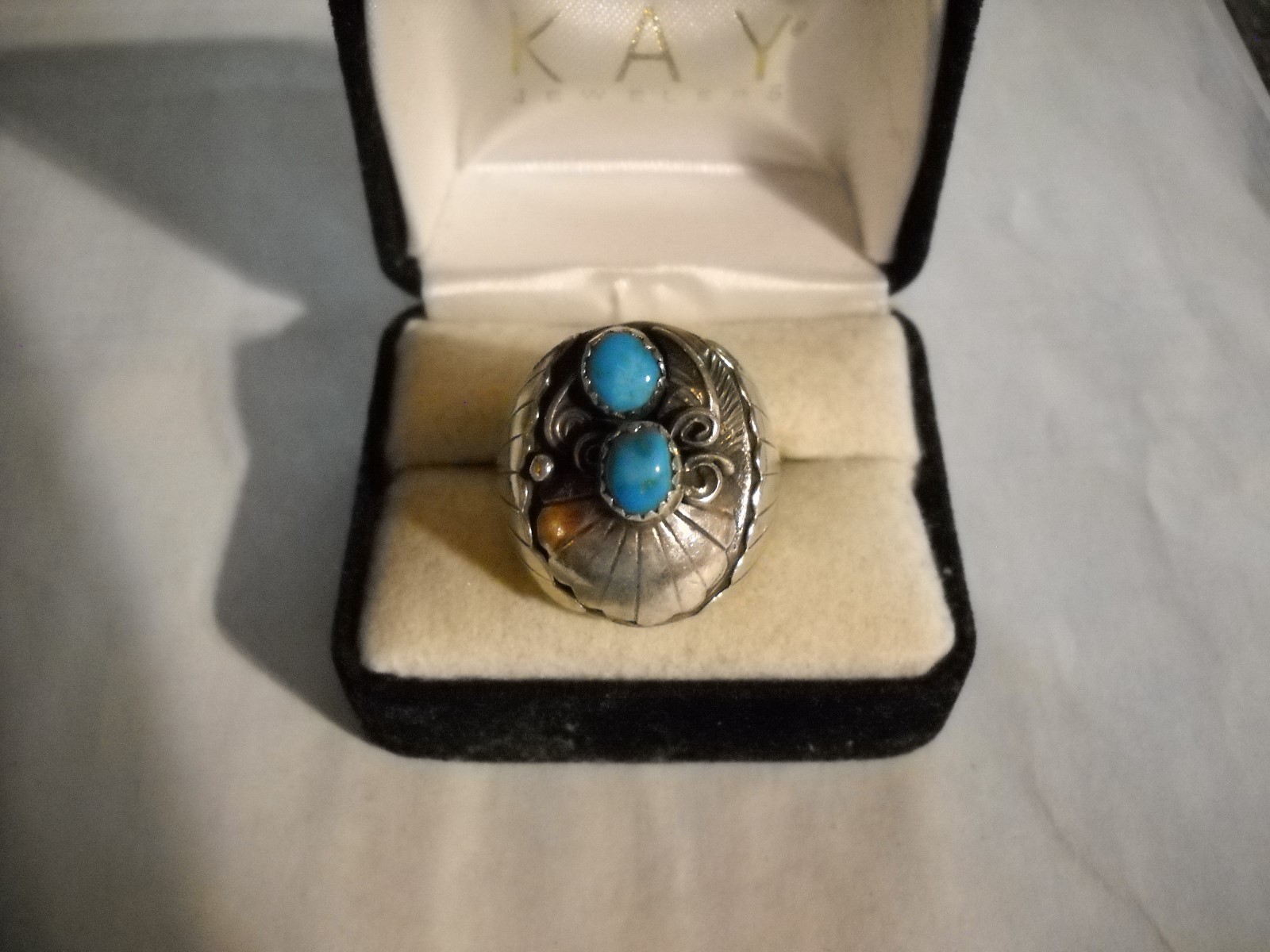 ~Vintage Southwest Signed FP Marked Sterling Turquoise Detailed Ring Size 10 1/2