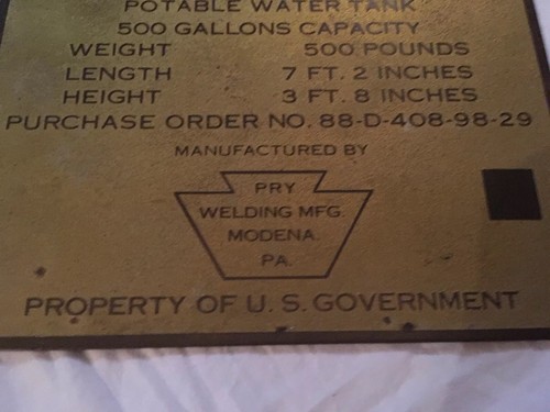 Corps Of Engineers US Army Potable Water Tank Brass Plate